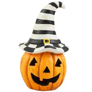 Figurine de lanterne citrouille Halloween avec chapeau de sorcière rayé noir