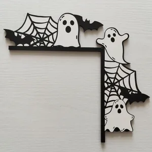 L-shaped wooden Halloween door corner decor featuring ghosts, bats, and cobwebs