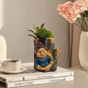 Vaso per Piante Grasse in Resina a Forma di Tronco d'Albero con Gnomo Creativo Mago Elfo Vaso da Fiori Statua Decorazione per Casa Ufficio