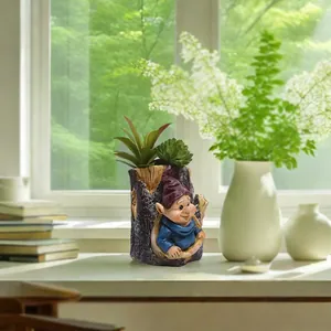Vaso in resina a forma di tronco con rilievo di gnomo per decorazione casa e giardino