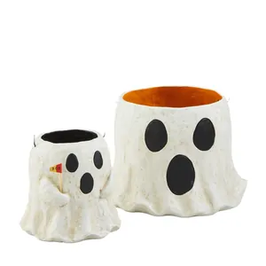 Set of two decorative Paper Mache Halloween ghost treat buckets with BOO flag
