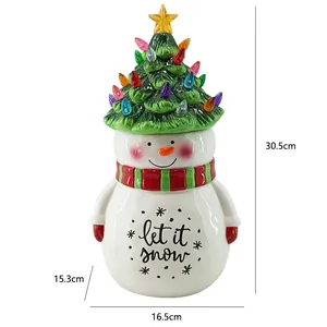 Weihnachtsschneemann Keksdose mit grünem LED Baumdeckel und let it snow Text 30.5cm