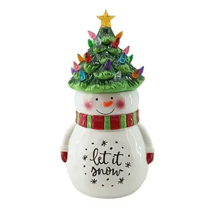 Weihnachtsschneemann-Keramikdose mit LED-Baumdeckel und Let-it-snow-Schriftzug