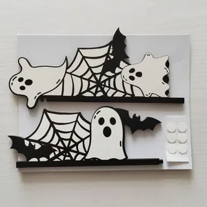 Halloween wooden door corner decor featuring ghost and spider web laser cut designs