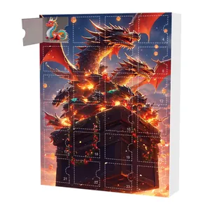 Calendrier de l'Avent avec 24 fenêtres numérotées, thème dragon et une case ouverte avec figurine