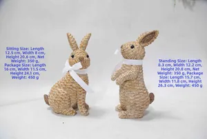 Detailed view of woven resin Easter bunnies with size dimensions and weight specs