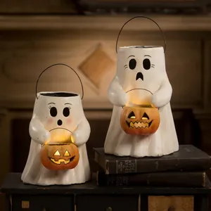 Halloween Ghost Pumpkin LED Lantern Resin Ornament Retro Ghost Figurine Carrying Pumpkin Light For Home Party Table Decor