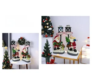 Detailed Santa Claus street lamp resin ornaments with Welcome sign for Christmas decor
