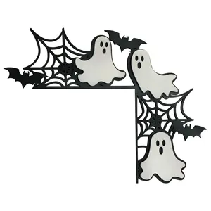 L-shaped wooden door corner decor featuring black spider webs and white ghost motifs