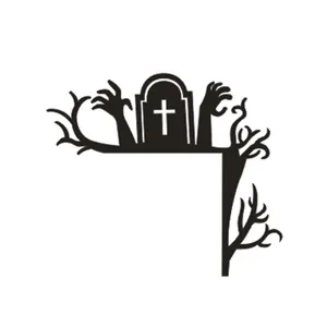 L-shaped Halloween door corner decor featuring zombie hands and a spooky tombstone silhouette