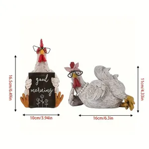 Detailed view of resin chicken figurines with precise size measurements in centimeters