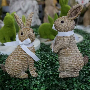 European Garden Resin Rabbit Ornament Rattan Effect Bunny Figurine With White Bowknot For Easter Home Kids Room Decor