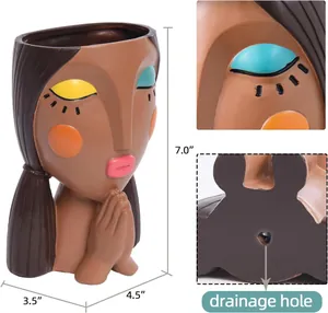 Detailed views of creative face planter showing size dimensions and drainage hole features