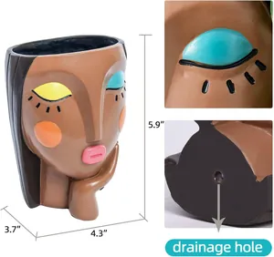Detailed dimensions of resin face planter with drainage hole for succulent plants
