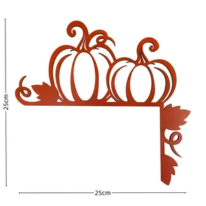 Halloween orange wooden corner door frame decor with pumpkin and vine patterns, 25cm size