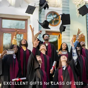 Close-up of Class of 2025 graduation gift card featuring graduates celebrating outdoors
