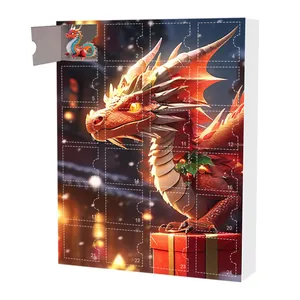 Calendrier de l'Avent avec illustration de dragon rouge et 24 fenêtres numérotées