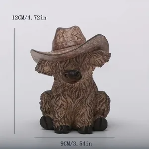 Statua di mucca delle Highlands in resina con cappello da cowboy, decoro giardino, 12x9cm