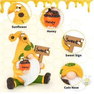 Sunflower bumblebee gnome resin garden ornament with honey jar and sweet wooden sign