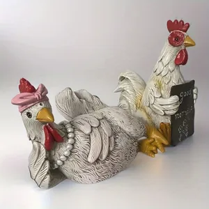 Set of two creative resin chicken statues with good morning blackboard for home decor
