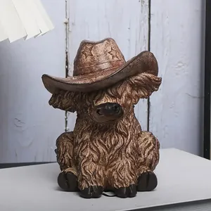 Statuetta di mucca delle Highland con cappello da cowboy decorazione in resina