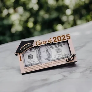 Class of 2025 wooden graduation money holder with congrats cap and pink floral details