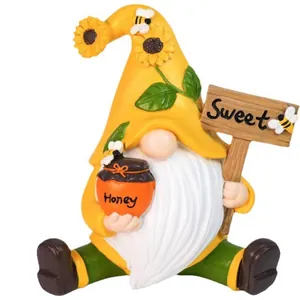 Garden bumblebee gnome resin statue with sunflower hat and honey jar for outdoor decor
