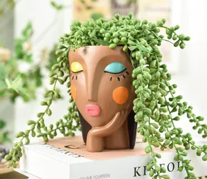 Artistic face resin flower pot with colorful makeup and green succulent decoration