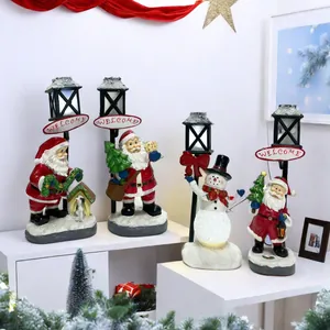 Light-up resin Santa Claus and snowman figurines with welcome signs for Christmas decor