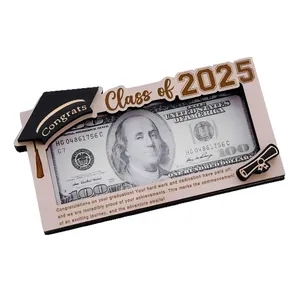 Wooden Class of 2025 graduation money holder with 3D mortarboard and scroll design