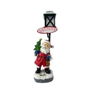 Luminous Santa Claus resin figurine with welcome sign and Christmas tree decor