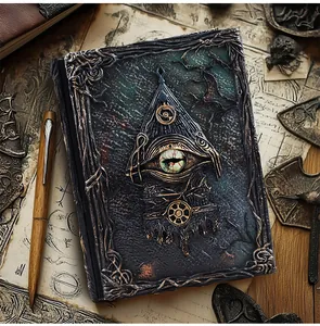 Vue macro du carnet magique 3D de style Cthulhu avec un oeil réaliste sur la couverture