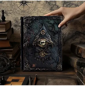 Détail macro du carnet Cthulhu vintage avec relief d'oeil 3D et texture bronze mystique
