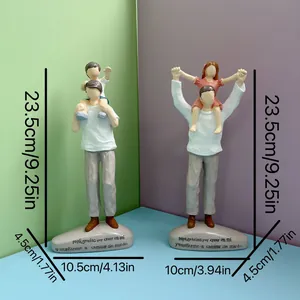Detailed dimensions of hand-painted resin father and child figures with pebble base