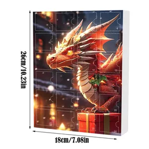 Vue de face du calendrier de l'Avent de Noël avec des ornements en acrylique de dragon