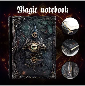 Vue détaillée d'un carnet magique gothique avec œil en relief et anneaux en métal