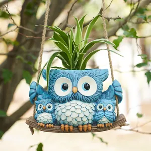 Fioriera Sospesa Famiglia Gufi in Resina Vaso da Fiori Decorativo per Succulente Giardino Balcone Esterno Interno Decorazione Blu