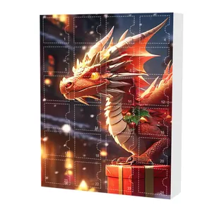 Gros plan d'un calendrier de l'Avent dragon avec 24 fenêtres de compte à rebours de Noël