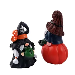 Solar Halloween Gnome Statues Set featuring Witch and Pumpkin designs for Garden Decor