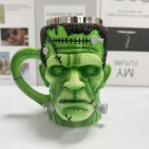 Kreativer Frankenstein Kopf Becher 3D Horror Kaffeetasse Mit Edelstahl Innenauskleidung Harz Außenseite Halloween Party Deko Geschenk