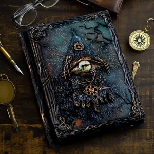 Carnet gothique Cthulhu avec œil en résine 3D et engrenages anciens sur couverture bleue