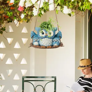 Incantevoli fioriere sospese a forma di gufo in resina blu con corda per decoro giardino