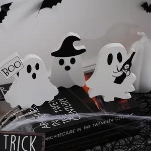 Σετ 3 ξύλινα διακοσμητικά φαντάσματα Halloween για γιορτινή επιτραπέζια διακόσμηση