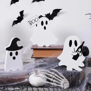 Σετ Ξύλινα Διακοσμητικά Φαντάσματα Halloween Λευκές Φιγούρες Φαντασμάτων Με Καπέλο Μάγισσας Επιγραφή Boo Μπουκάλι Κρανίου Για Διακόσμηση Τραπεζιού Αυλής Πάρτι