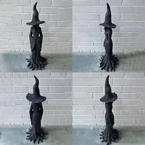 Detailed four-sided views of a black witch statue with tree bark texture and pointed hat