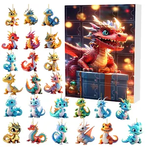 Calendrier de l'Avent de Noël avec 24 pendentifs dragons colorés en acrylique et coffret cadeau