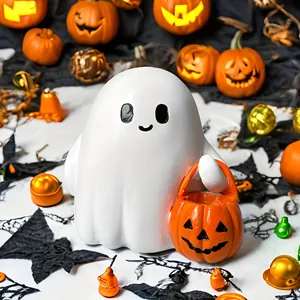 Cute Halloween ghost figurine detail with pumpkin basket and festive background decor