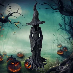 Enchanting faceless witch statue with pointed hat in a mysterious forest scene