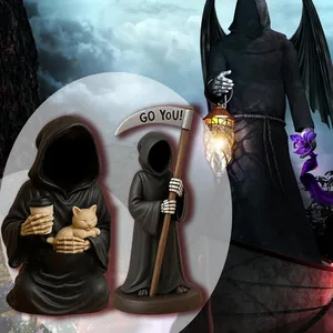 Statuetta del Tristo Mietitore di Sostegno Emotivo Statua da Scrivania in Resina Divertente Decorazione Gotica Con Gatto Falce Caffè per Halloween Ufficio Casa Regalo