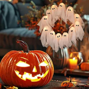 Halloween Ghost Wreath with warm LED lights and white fabric spirits for festive decor